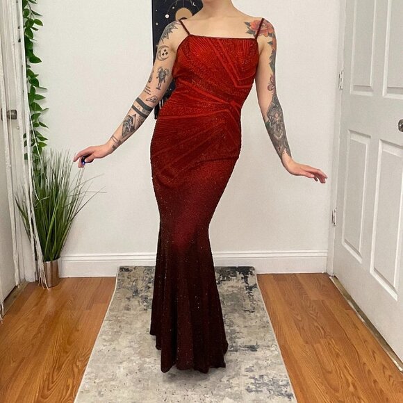 Y2K Vintage Sleeveless Ombre Beaded Formal prom Maxi Dress Size M Red